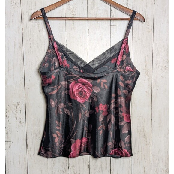 Black Floral Satin Cami Tank Top Size L Goth Romantic Dark Academia Whimsigoth - Picture 3 of 7
